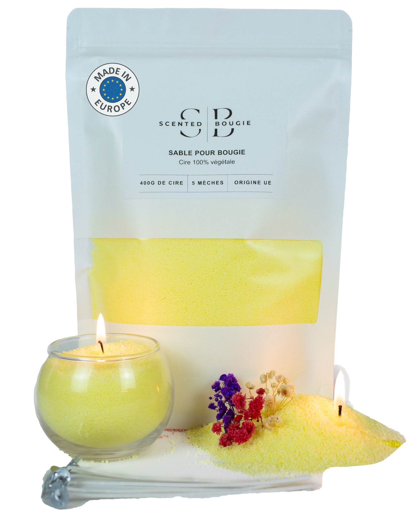 Sable pour bougies, ORIGINE UE, 100% cire de soja végétale, SANS parfum, 400g de cire + 5 mèches en coton