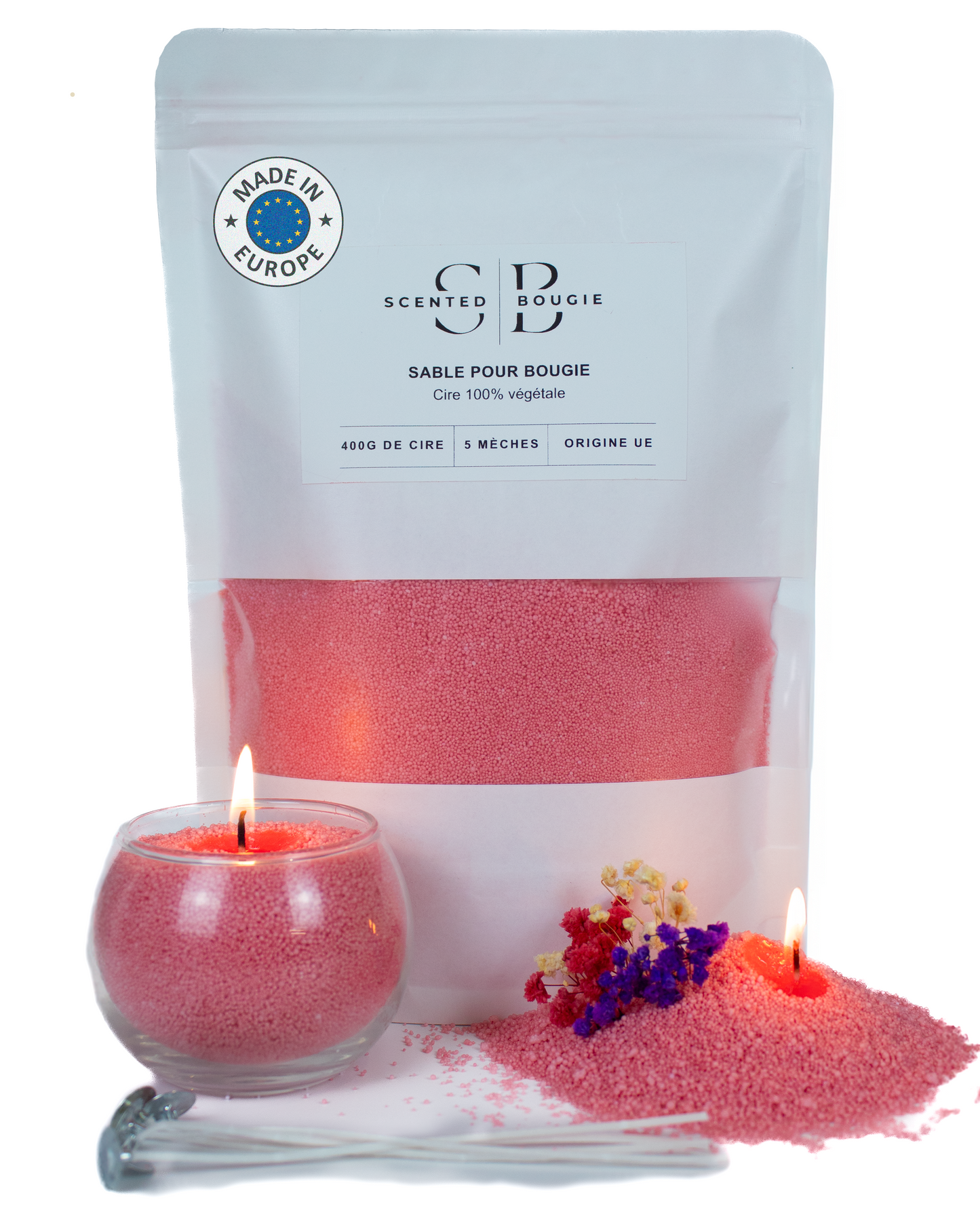 Sable pour bougies, ORIGINE UE, 100% cire de soja végétale, SANS parfum, 400g de cire + 5 mèches en coton