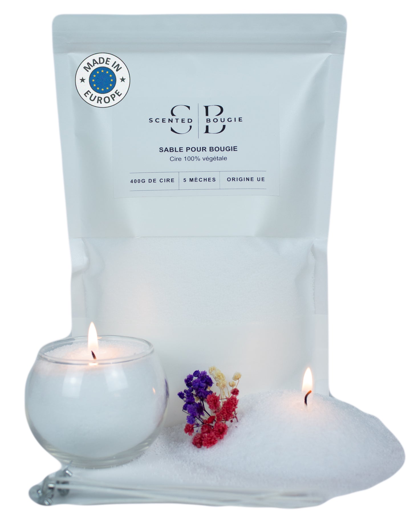 Sable pour bougies, ORIGINE UE, 100% cire de soja végétale, SANS parfum, 400g de cire + 5 mèches en coton