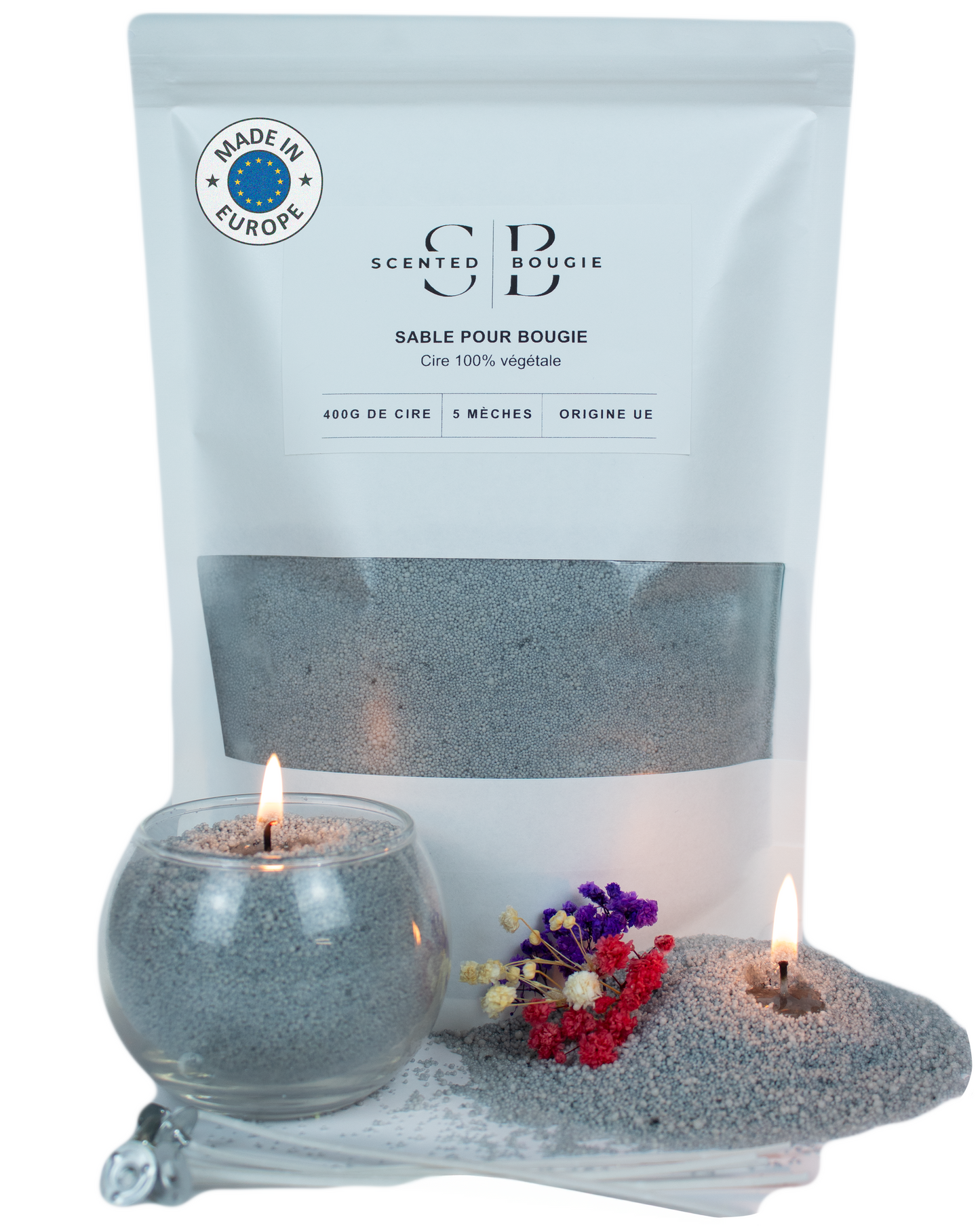 Sable pour bougies, ORIGINE UE, 100% cire de soja végétale, SANS parfum, 400g de cire + 5 mèches en coton