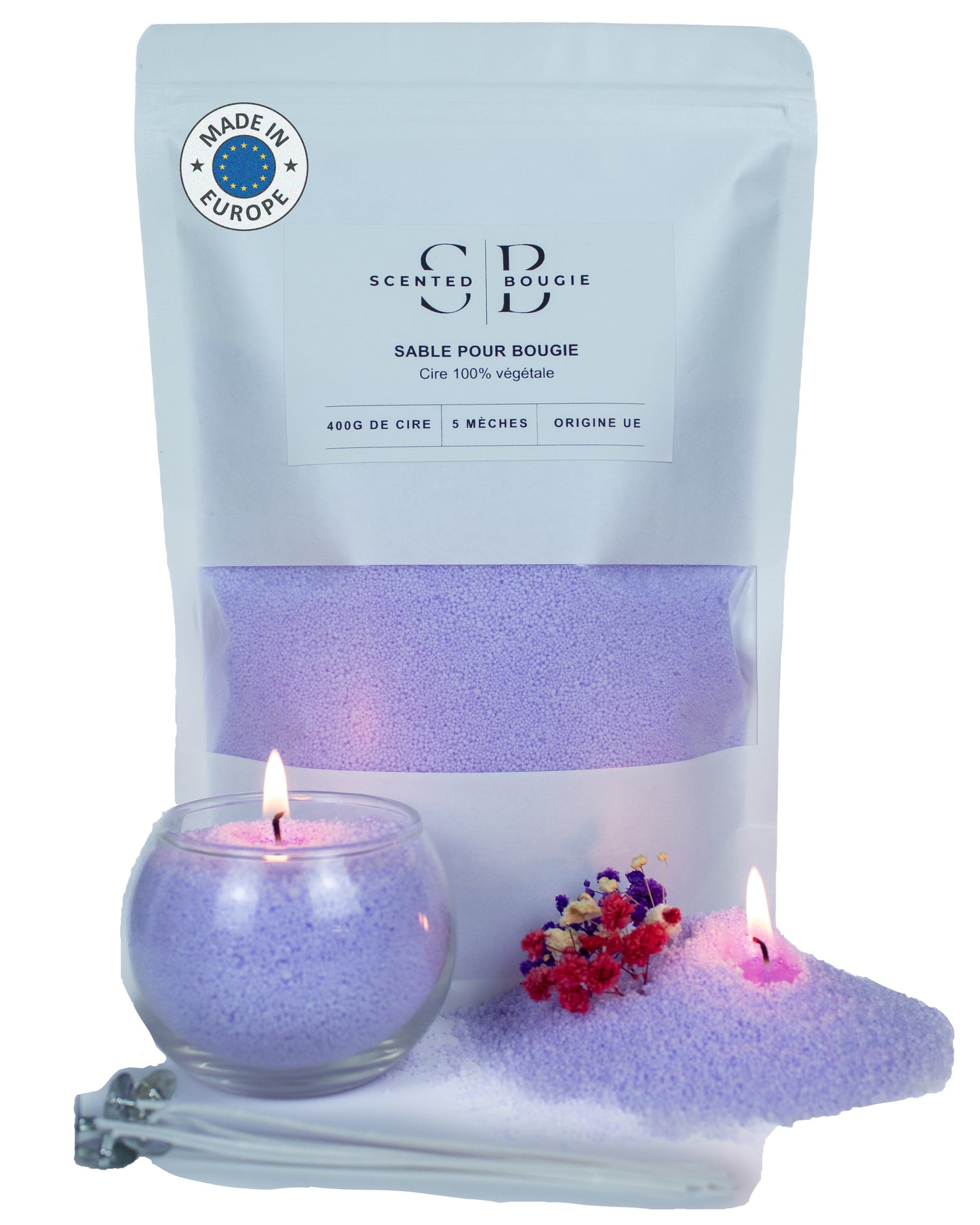 Sable pour bougies, ORIGINE UE, 100% cire de soja végétale, SANS parfum, 400g de cire + 5 mèches en coton