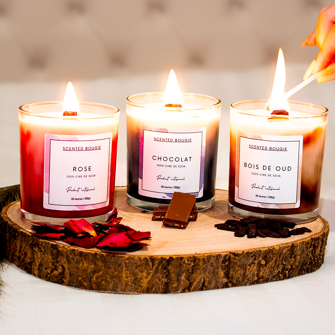 Scented Bougie végétale artisanale parfumée au bois de santal mèche en bois cire de soja naturelle fabriquée en france