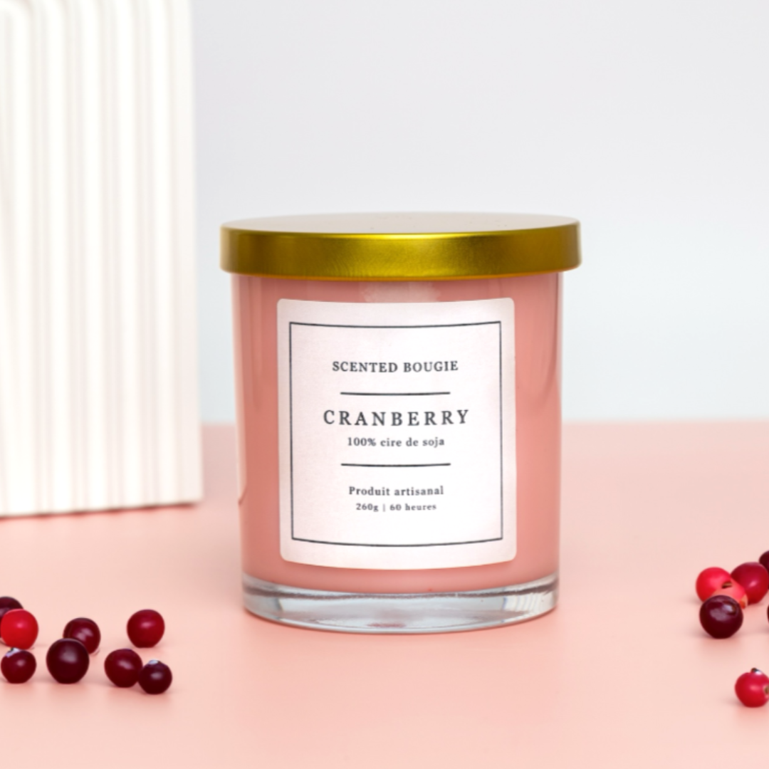 Scented Bougie végétale artisanale parfumée cranberry mèche en bois cire de soja naturelle fabriquée en France