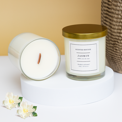 Scented Bougie végétale artisanale parfumée jasmin mèche en bois cire de soja naturelle fabriquée en France