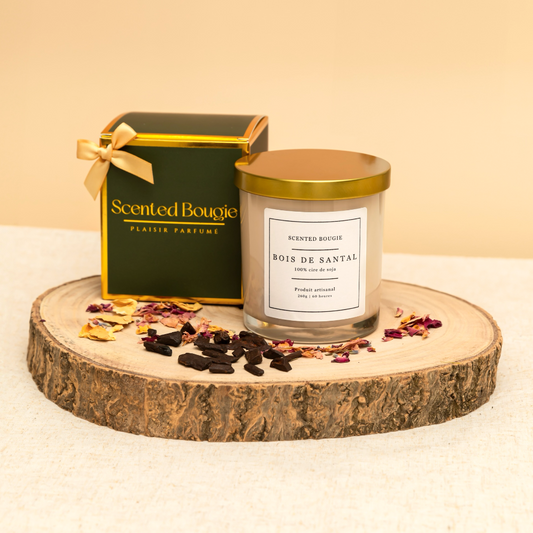 Scented Bougie végétale artisanale parfumée au bois de santal mèche en bois cire de soja naturelle fabriquée en france